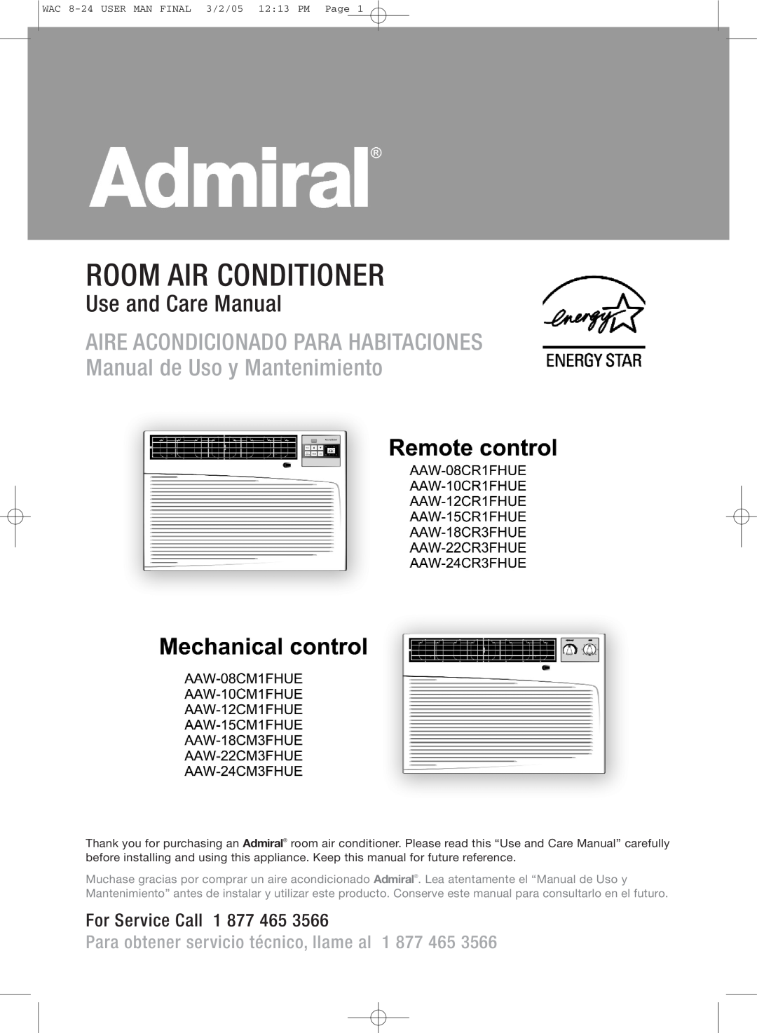 Admiral AAW-24CM1FHUE manual Room Air Conditioner, Aire Acondicionado Para Habitaciones, Manual de Uso y Mantenimiento 
