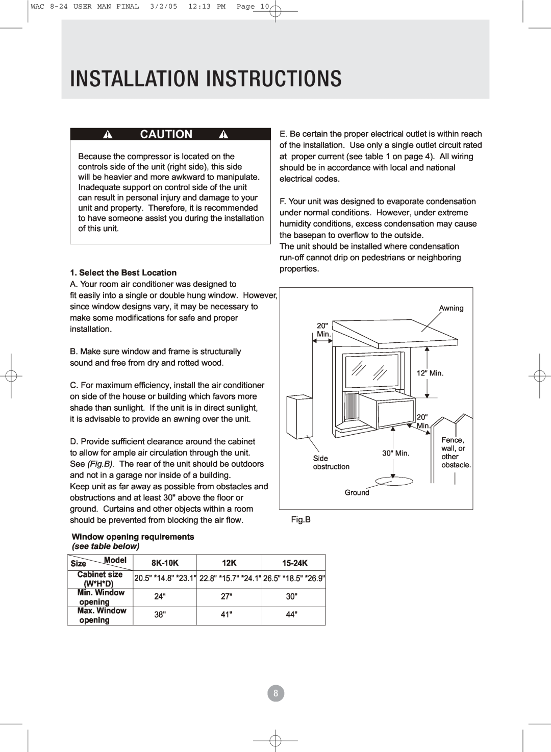 Admiral AAW-12CM1FHUE Installation Instructions, Select the Best Location, Window opening requirements see table below 
