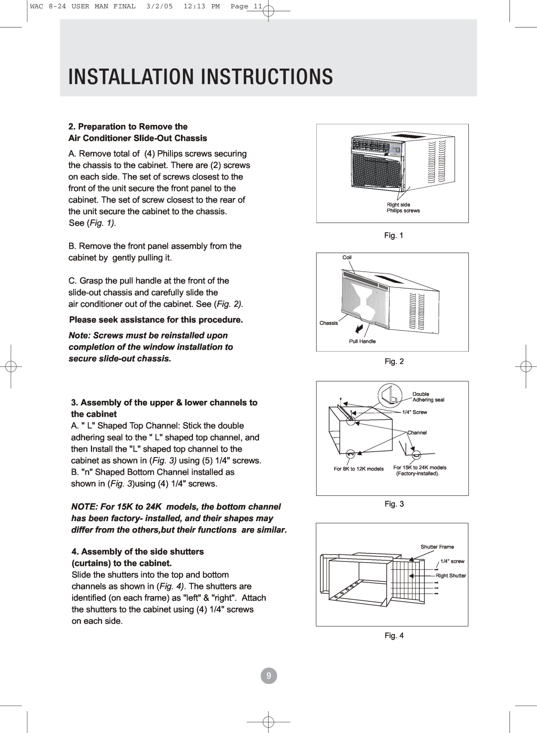 Admiral AAW-18CR1FHUE Installation Instructions, Preparation to Remove the, Air Conditioner Slide-OutChassis, See Fig 