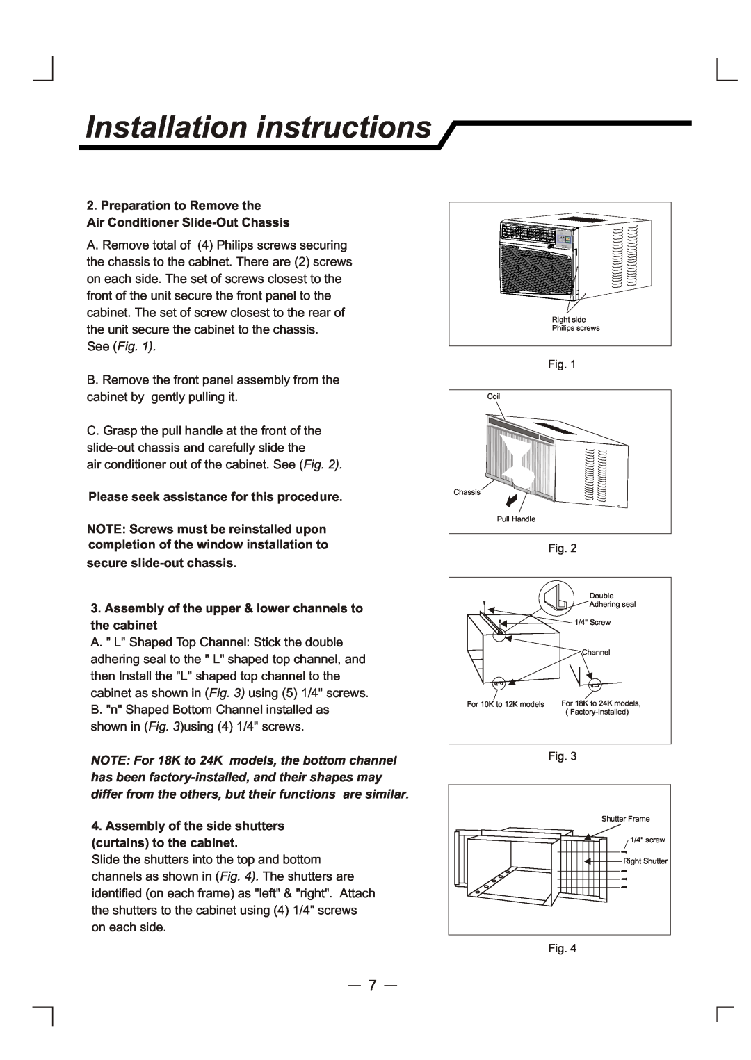 Admiral AAW-18CR3FHU manual Installation instructions, Preparation to Remove the, Air Conditioner Slide-OutChassis, See Fig 