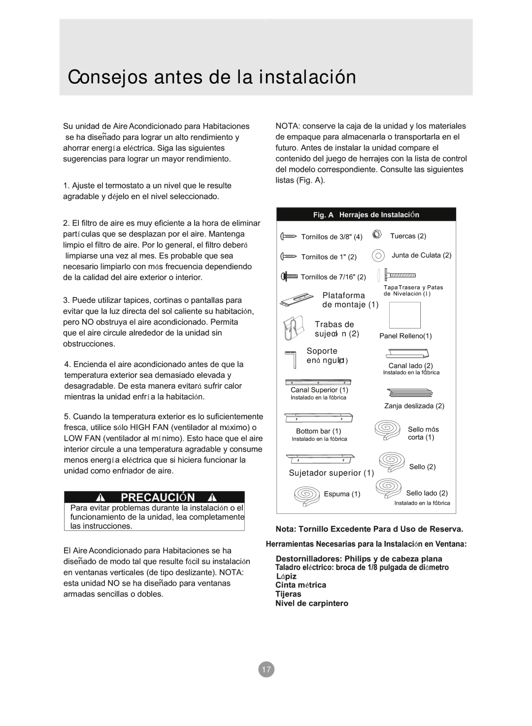 Admiral AAWV-10CR1FAU, AAWV-12CR1FAU, AAWV-06CR1FAU, AAWV-08CR1FAU manual ConsejosTABLE of antesCONTENTSde la instalación 