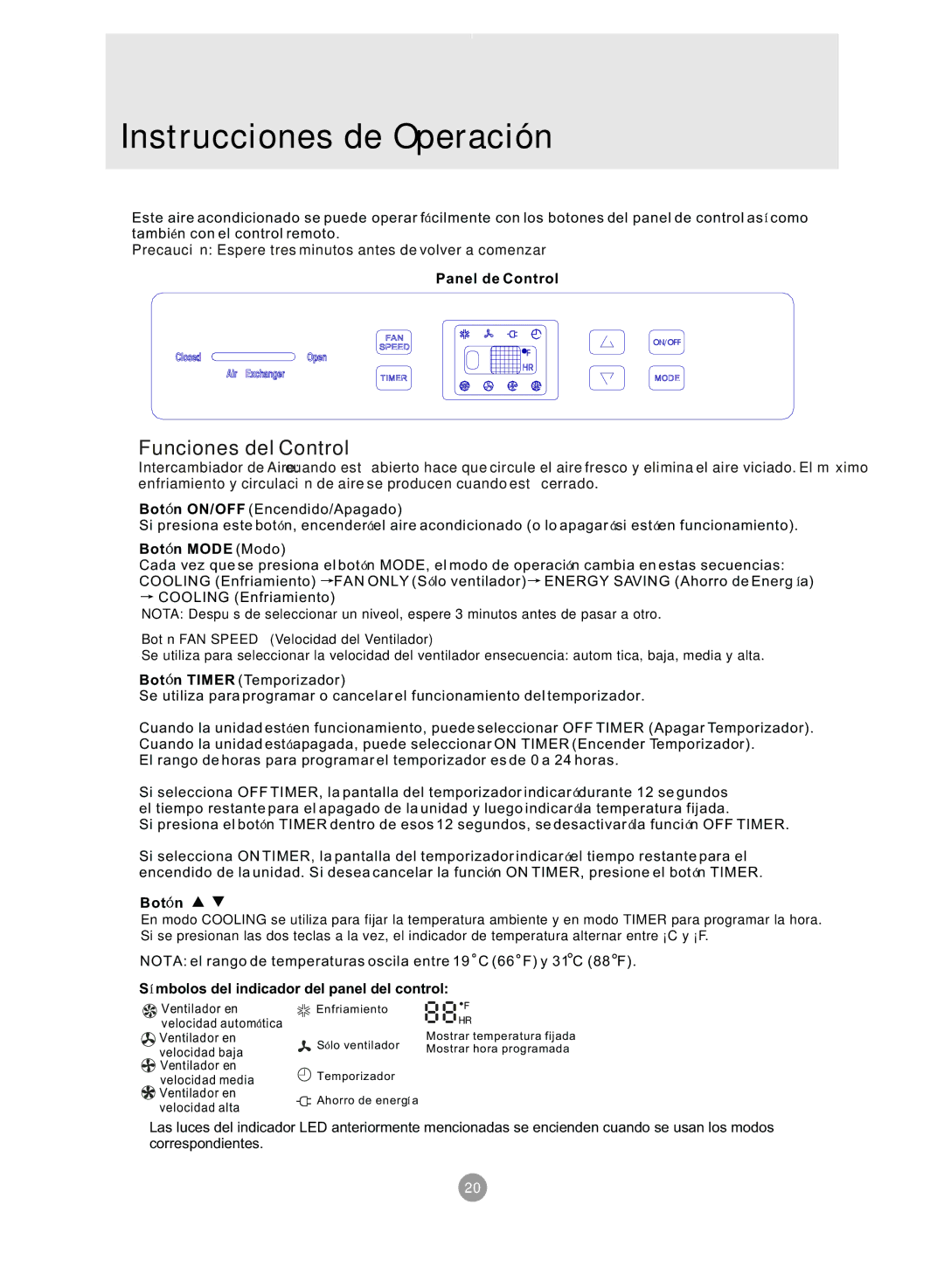 Admiral AAWV-08CR1FAU, AAWV-12CR1FAU, AAWV-06CR1FAU, AAWV-10CR1FAU manual InstruccionesTABLE of CONTENTSde Operación 