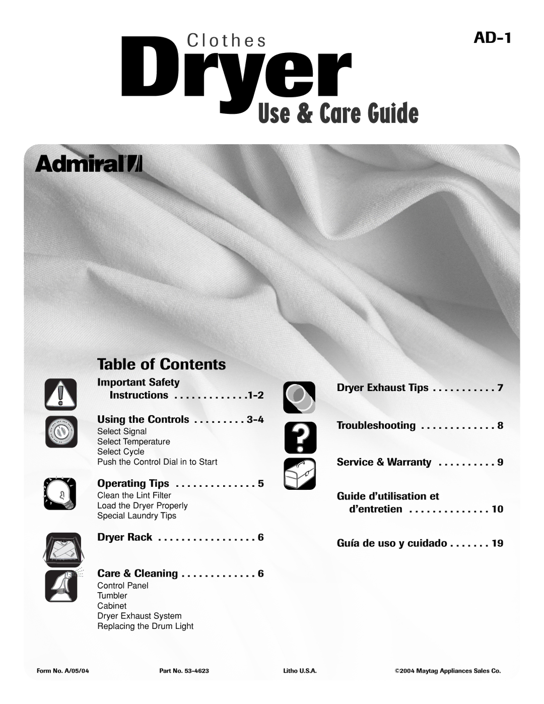 Admiral AD-1 important safety instructions Dryer, Table of Contents 