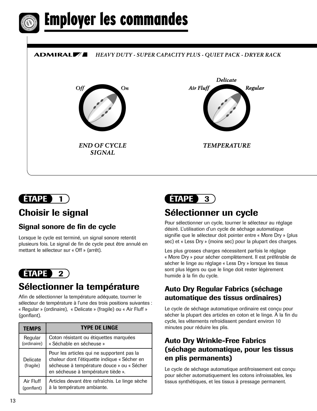 Admiral AD-1 Employer les commandes, Choisir le signal, Sélectionner la température, Sélectionner un cycle 