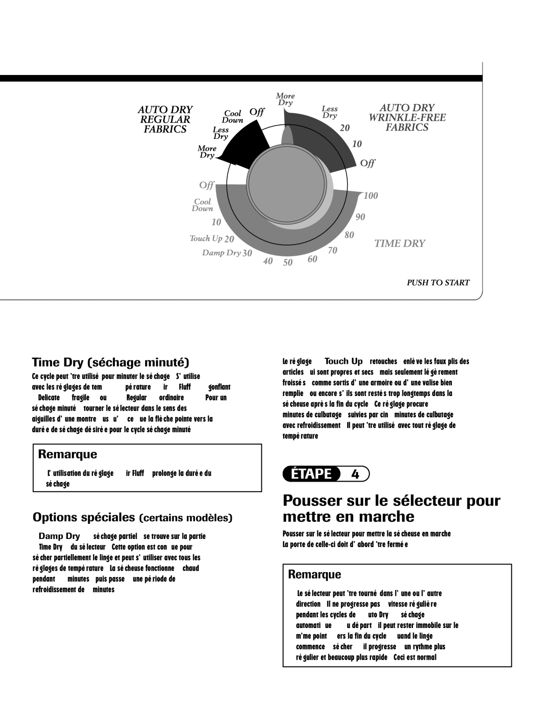 Admiral AD-1 Pousser sur le sélecteur pour mettre en marche, Time Dry séchage minuté, Remarque 