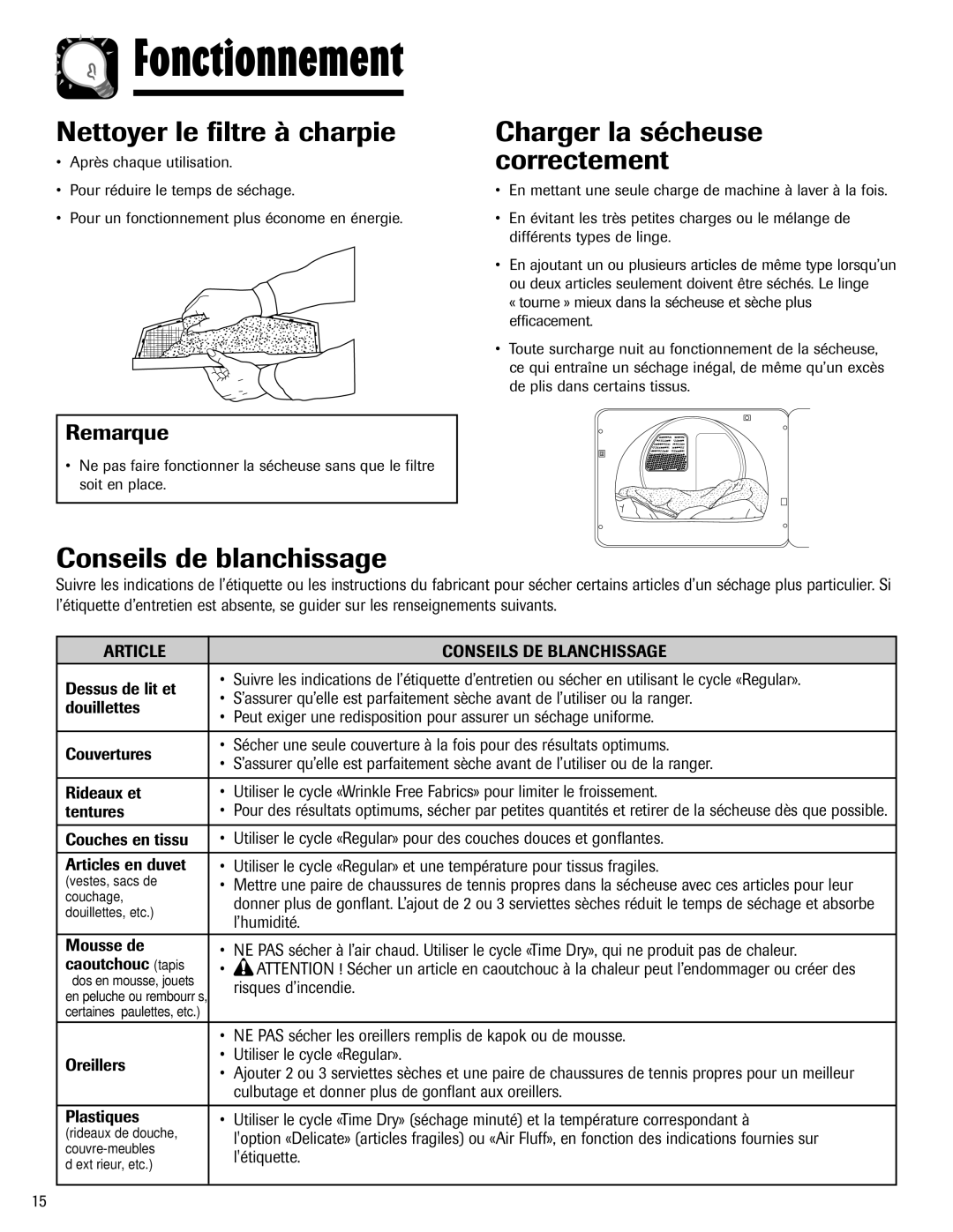 Admiral AD-1 Nettoyer le filtre à charpie, Conseils de blanchissage Charger la sécheuse correctement 