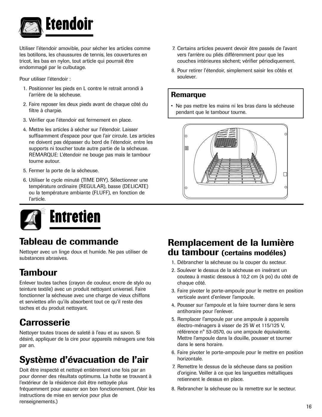 Admiral AD-1 important safety instructions Etendoir, Entretien 