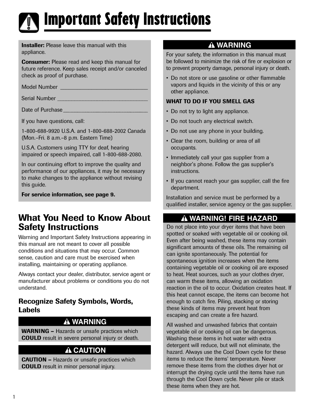 Admiral AD-1 Important Safety Instructions, What You Need to Know About Safety Instructions, What to do if YOU Smell GAS 