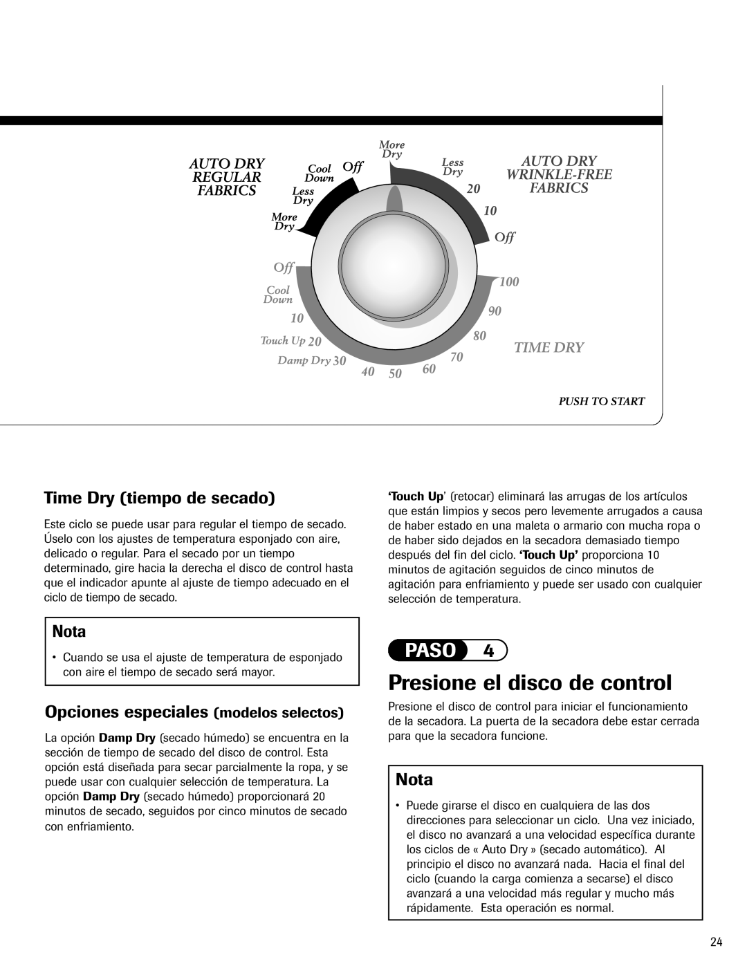 Admiral AD-1 Presione el disco de control, Time Dry tiempo de secado, Nota, Opciones especiales modelos selectos 