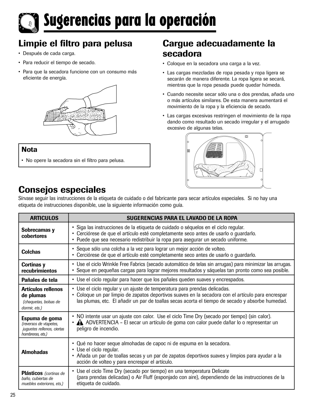 Admiral AD-1 Limpie el filtro para pelusa, Consejos especiales Cargue adecuadamente la secadora 