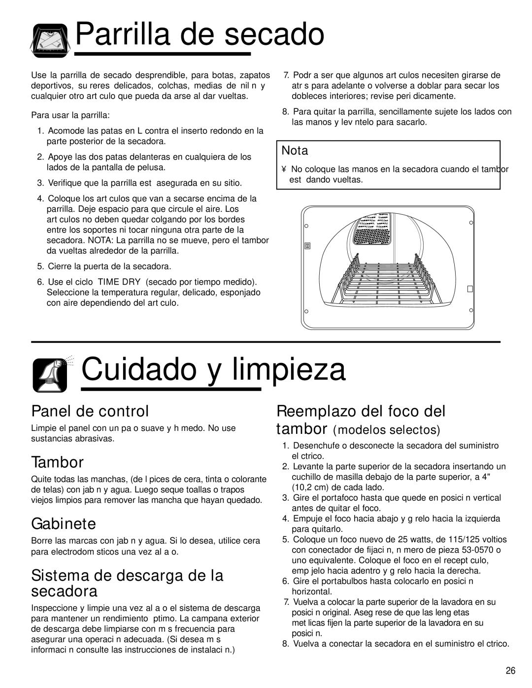 Admiral AD-1 Panel de control, Tambor, Gabinete, Sistema de descarga de la secadora, Reemplazo del foco del 