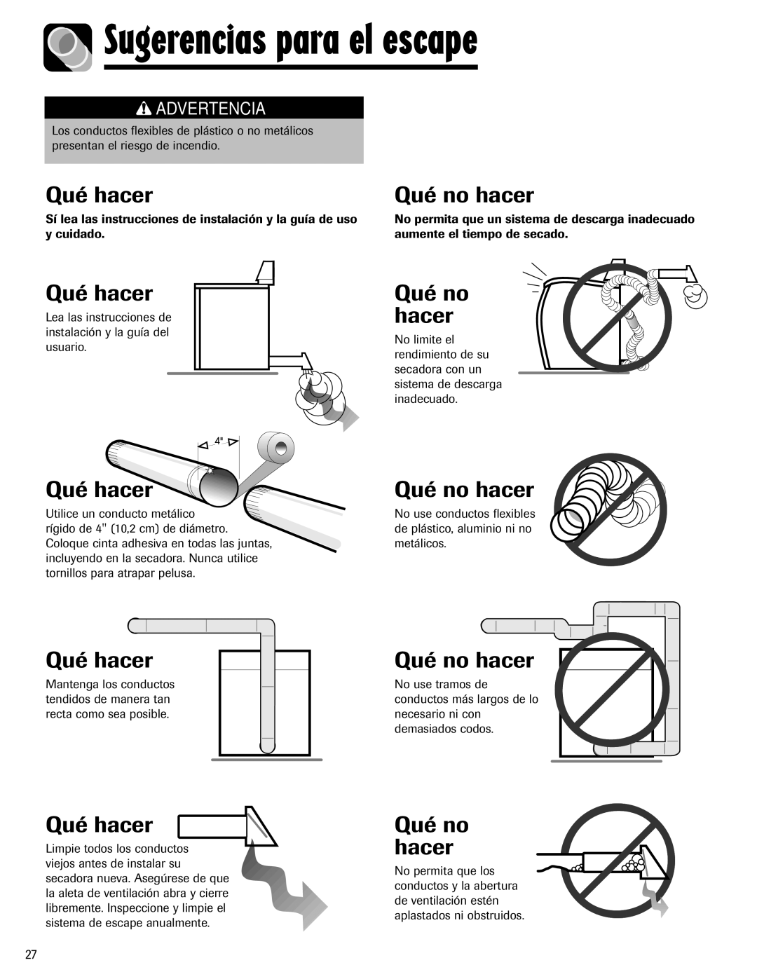 Admiral AD-1 important safety instructions Sugerencias para el escape, Qué hacer, Qué no hacer 