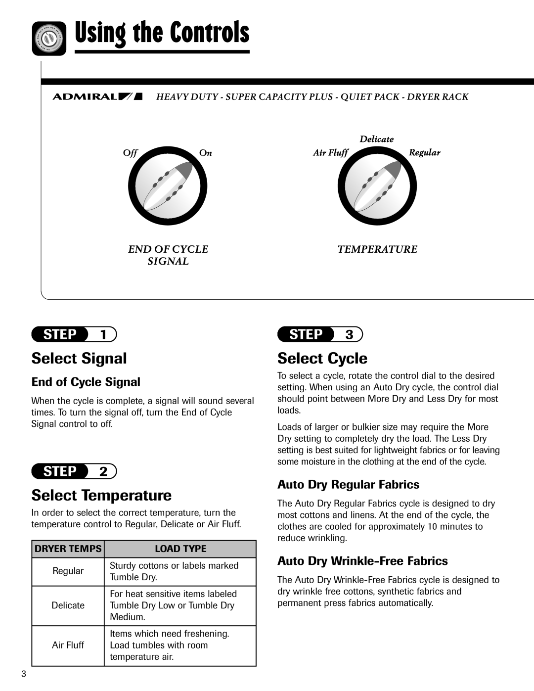 Admiral AD-1 important safety instructions Using the Controls, Select Signal, Select Temperature, Select Cycle 