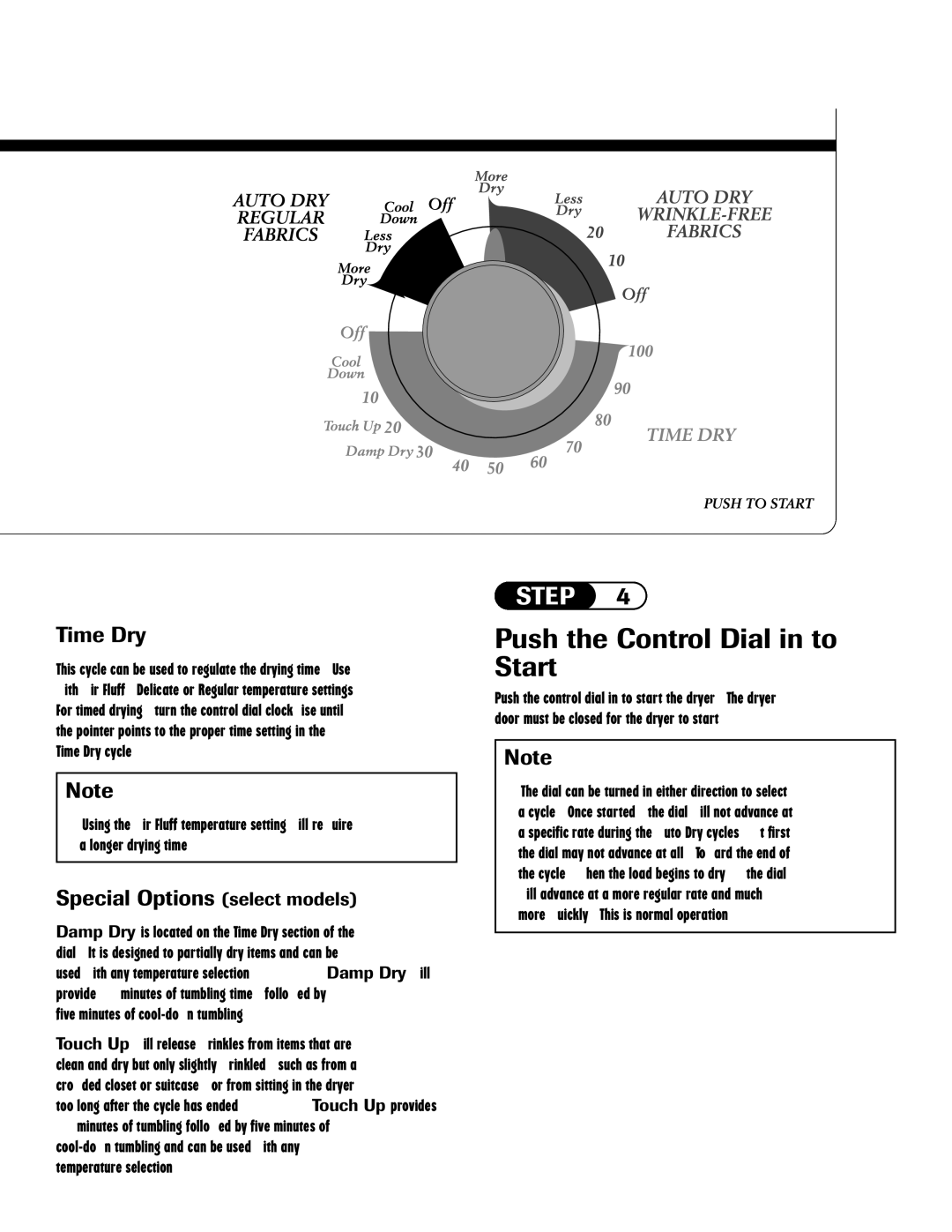 Admiral AD-1 important safety instructions Push the Control Dial in to Start, Time Dry, Special Options select models 