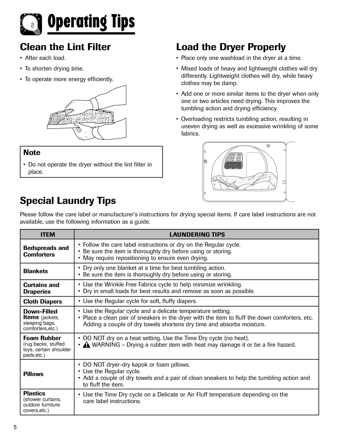 Admiral AD-1 Clean the Lint Filter, Special Laundry Tips Load the Dryer Properly, Laundering Tips 