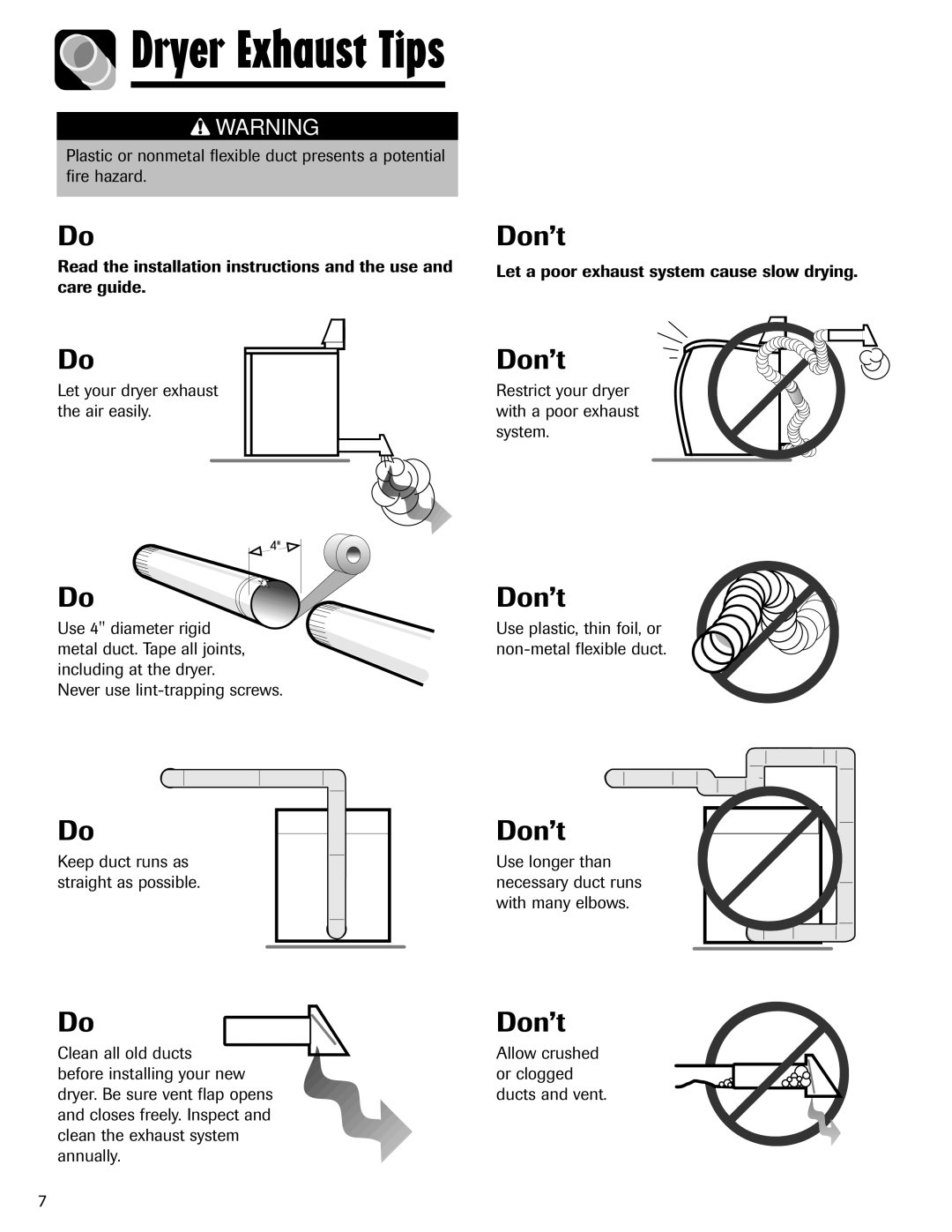 Admiral AD-1 important safety instructions Dryer Exhaust Tips, Don’t 