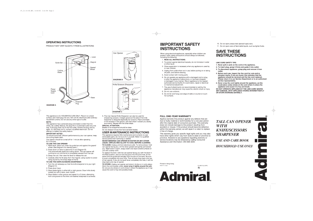 Admiral Kitchen Utensil important safety instructions Read ALL Instructions, Line Cord Safety Tips, Diagram B, Diagram a 