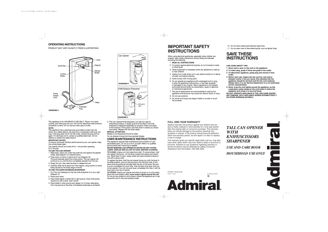Admiral Kitchen Utensil important safety instructions Save These Instructions, Important Safety Instructions, Can Opener 