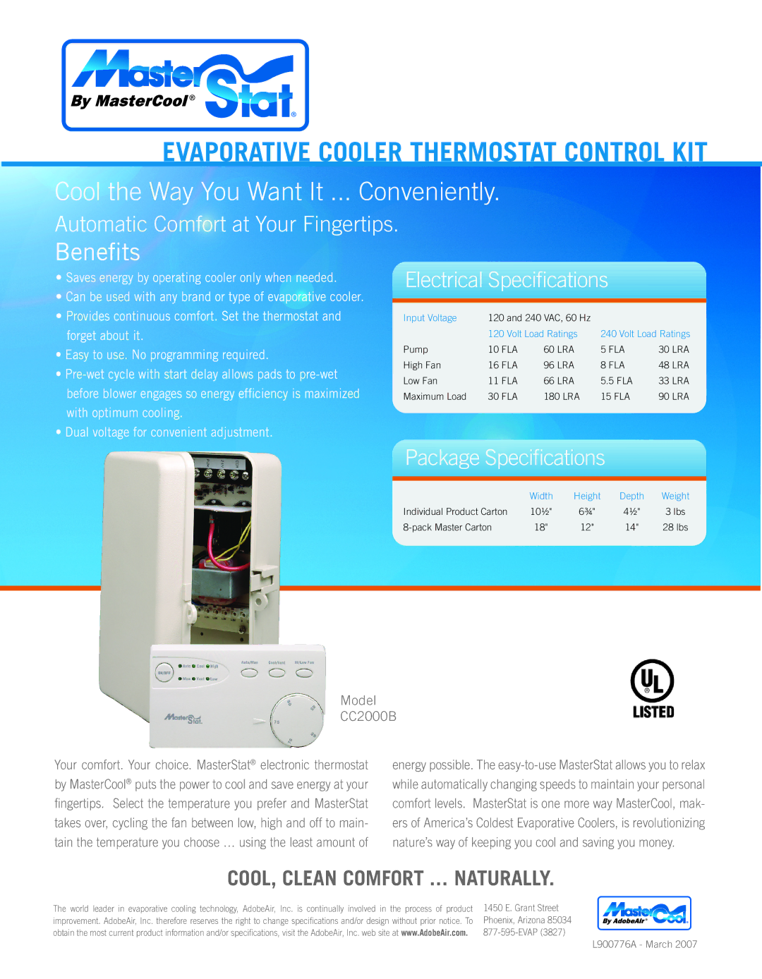 AdobeAir CC2000B specifications Evaporative Cooler Thermostat Control KIT, Cool the Way You Want It ... Conveniently 