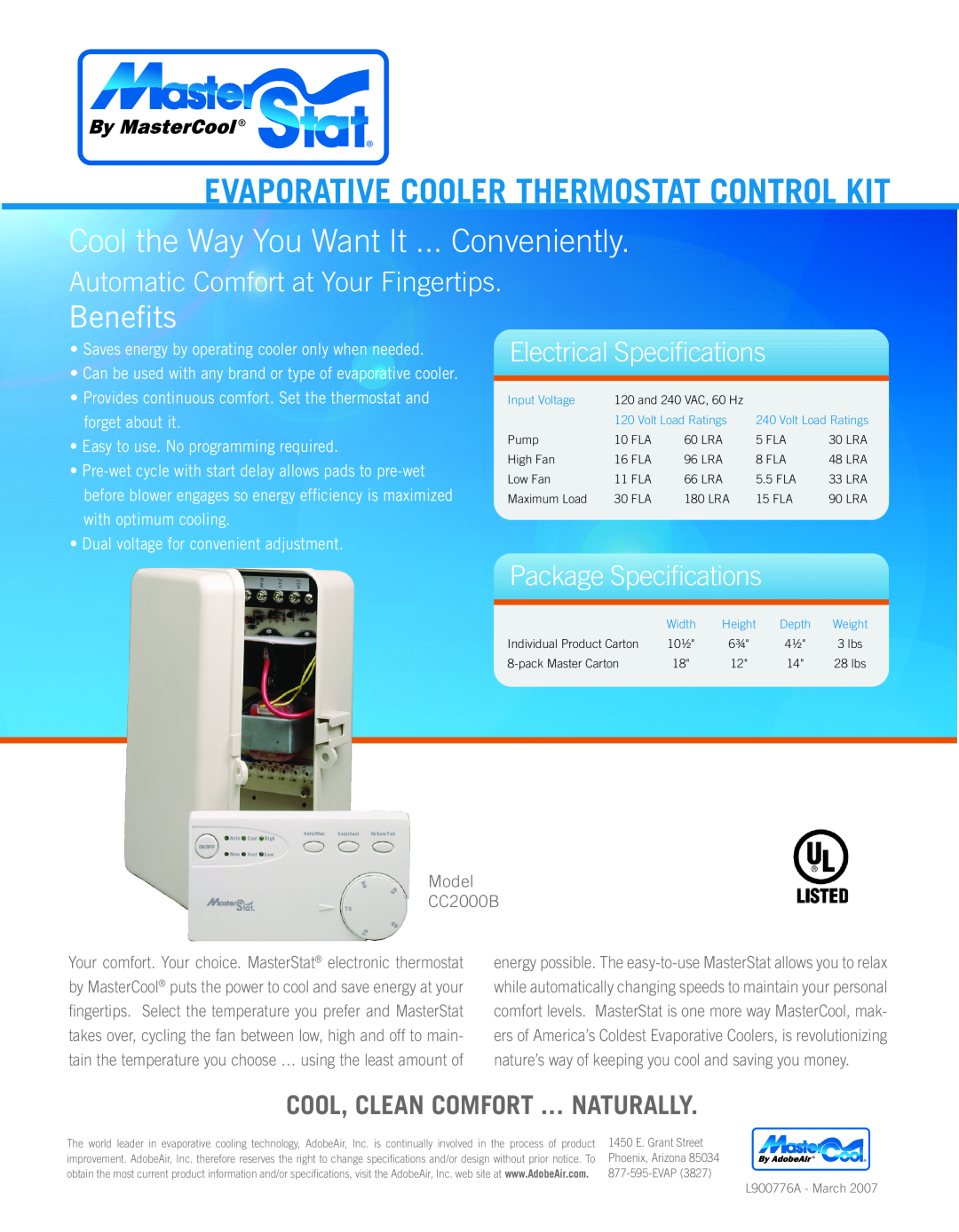 AdobeAir CC2000B specifications Evaporative Cooler Thermostat Control Kit, Cool the Way You Want It ... Conveniently 