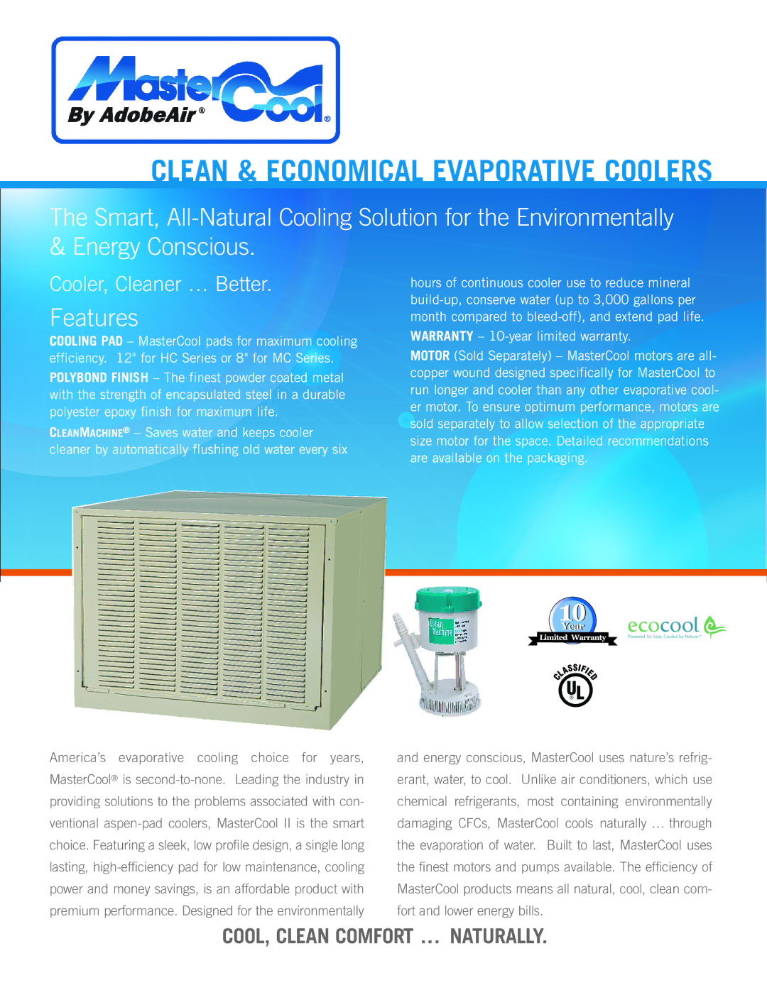 AdobeAir L900790A warranty Clean & Economical Evaporative Coolers, Features 