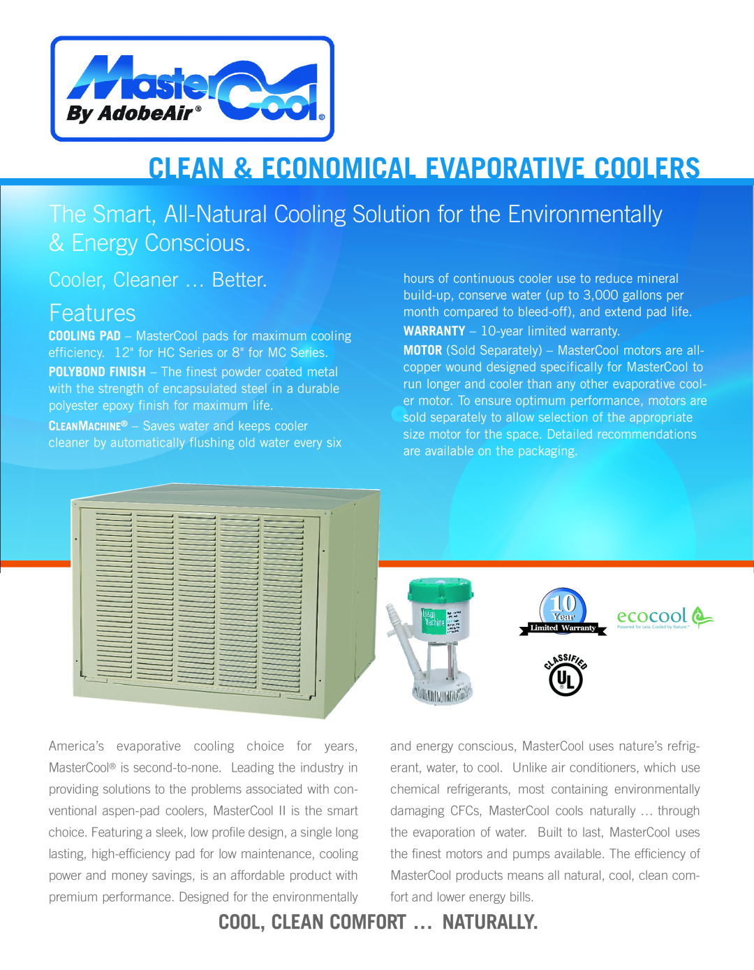 AdobeAir L900790A warranty Features, Clean & Economical Evaporative Coolers, Cooler, Cleaner … Better 