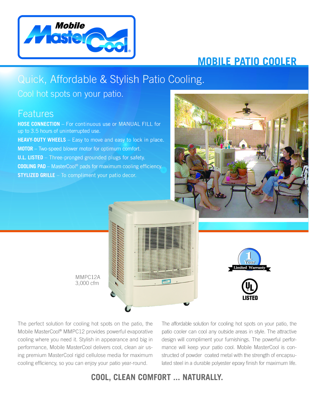 AdobeAir MMPC12A manual Mobile Patio Cooler, Features 