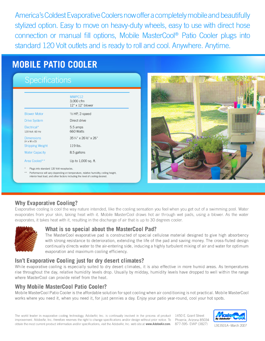 AdobeAir MMPC12A manual Specifications, Why Evaporative Cooling?, What is so special about the MasterCool Pad? 