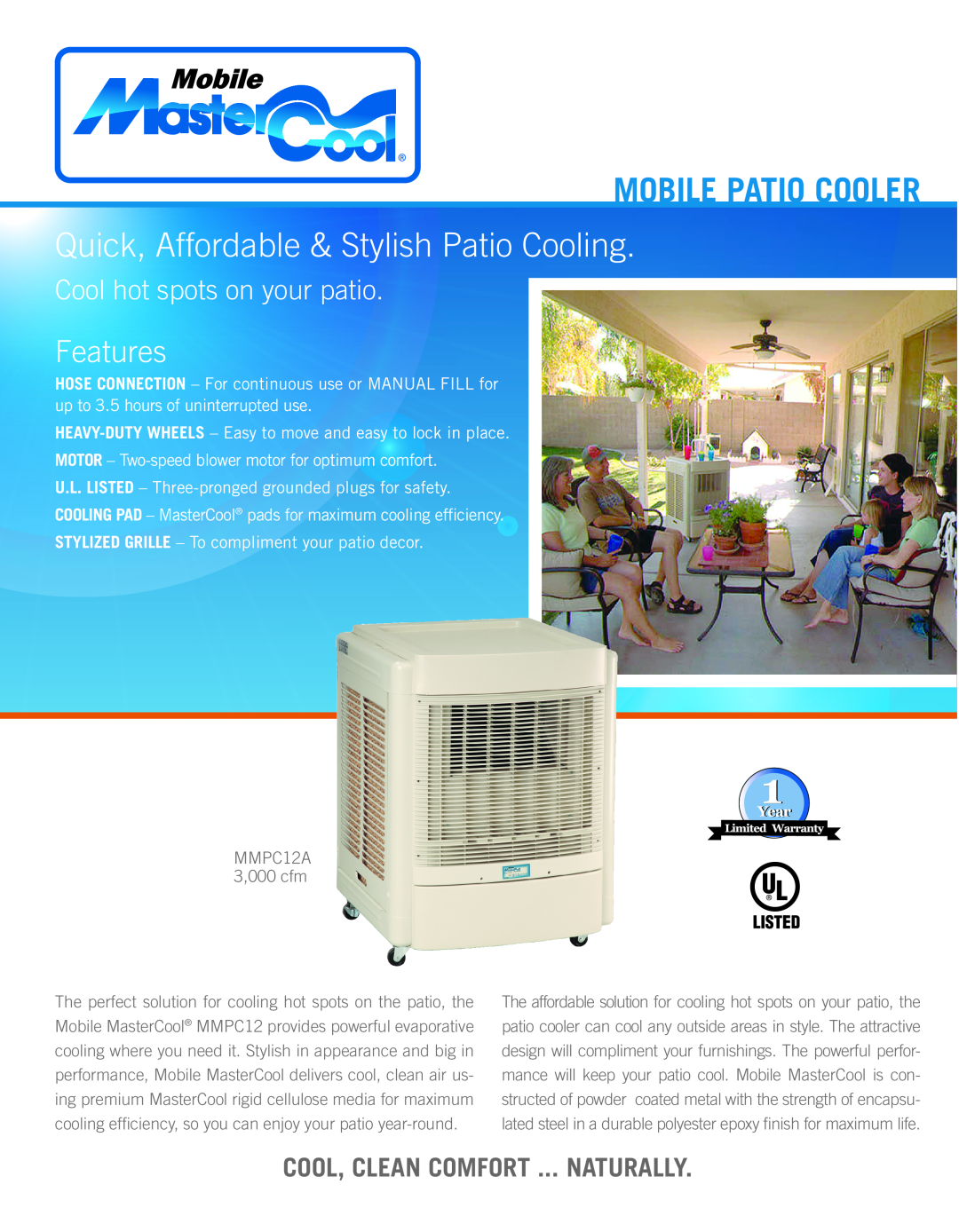 AdobeAir manual Features, Mobile Patio Cooler, Quick, Affordable & Stylish Patio Cooling, MMPC12A 3,000 cfm 