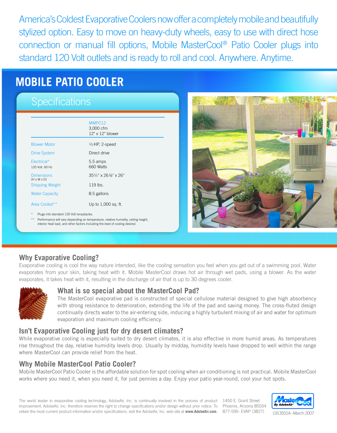 AdobeAir MMPC12A manual Specifications, Mobile Patio Cooler, Why Evaporative Cooling?, Why Mobile MasterCool Patio Cooler? 