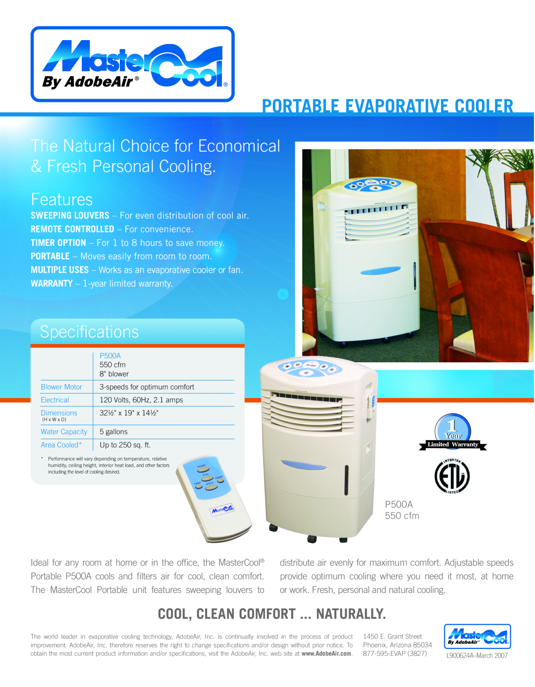 AdobeAir P500A specifications Portable Evaporative Cooler, Features, Specifications, Cool, Clean Comfort ... Naturally 