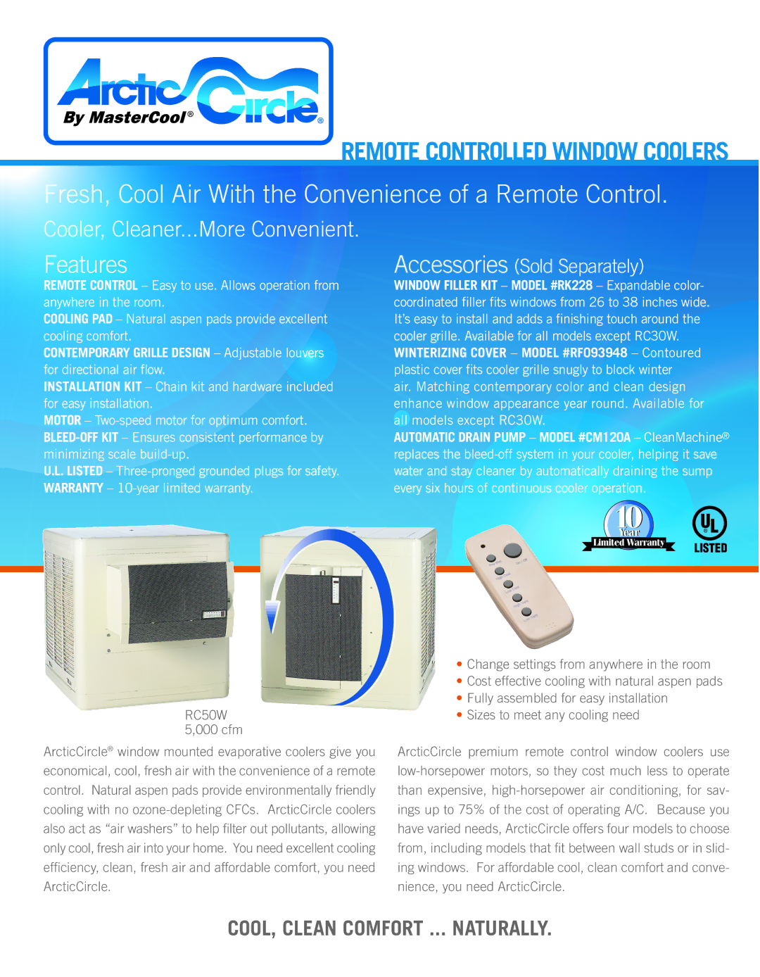 AdobeAir RF093948, RK228, CM120A, RC50W warranty Remote Controlled Window Coolers, Features 