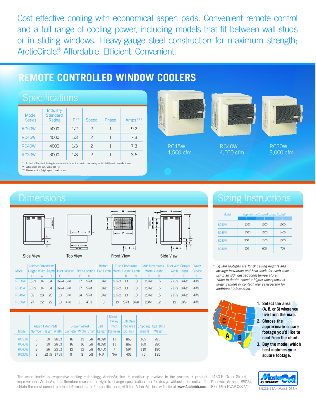 AdobeAir CM120A, RK228, RF093948, RC50W warranty Specifications, Dimensions, Select the area, Choose, Square footage 