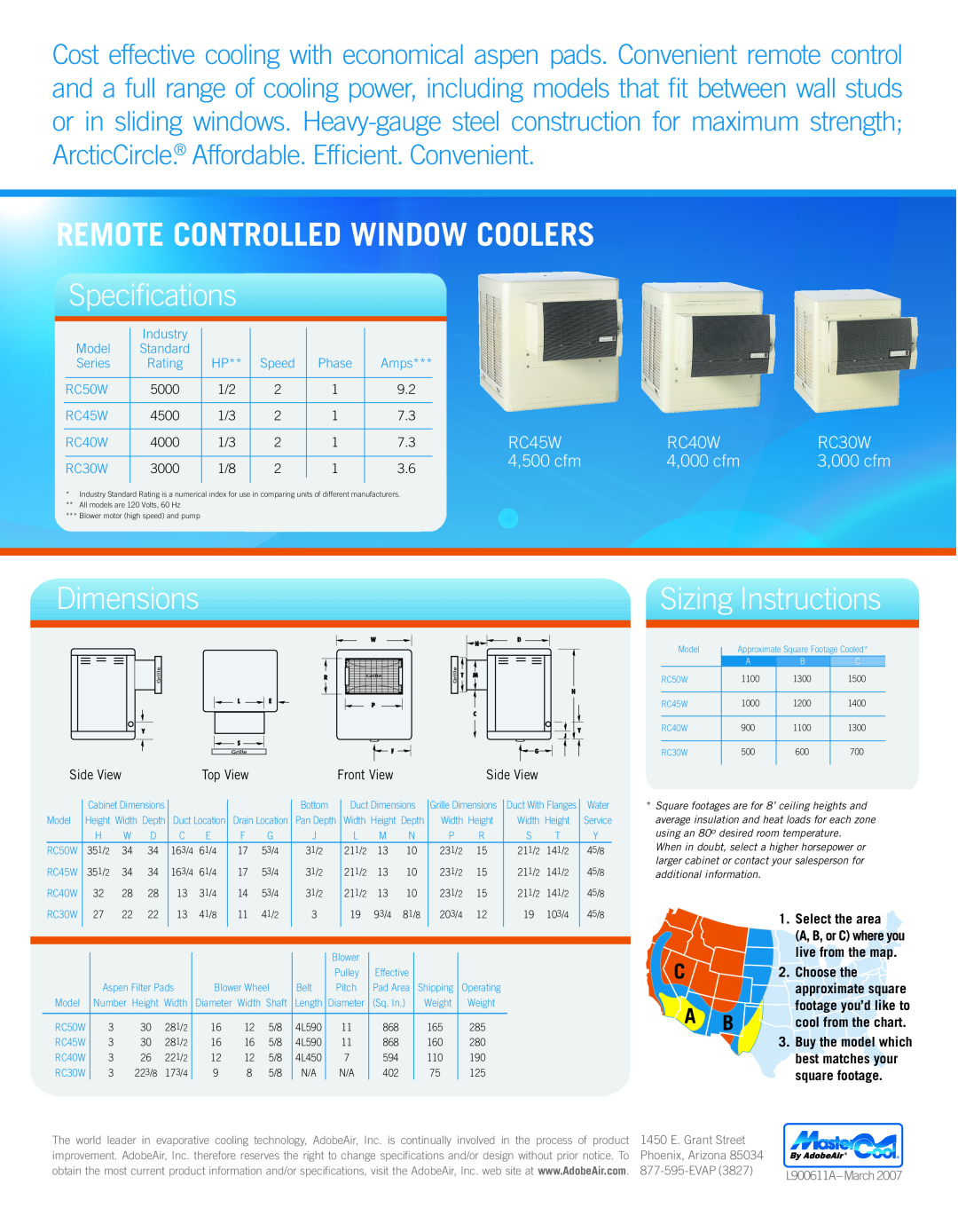 AdobeAir CM120A Specifications, Dimensions, Remote Controlled Window Coolers, Sizing Instructions, 3,000 cfm, Model, RC50W 