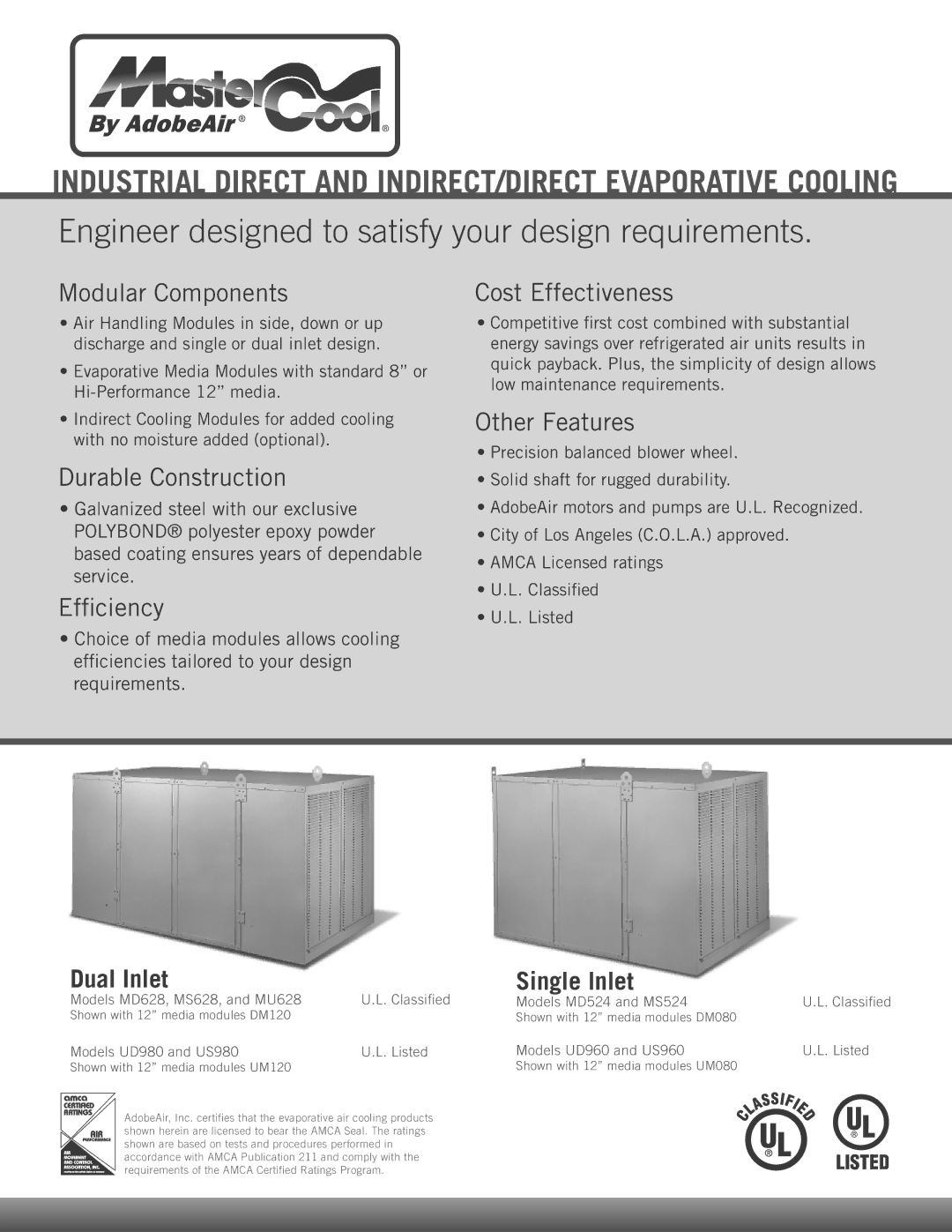 AdobeAir UD980, US980, UD960, MD524 manual Engineer designed to satisfy your design requirements, Dual Inlet Single Inlet 