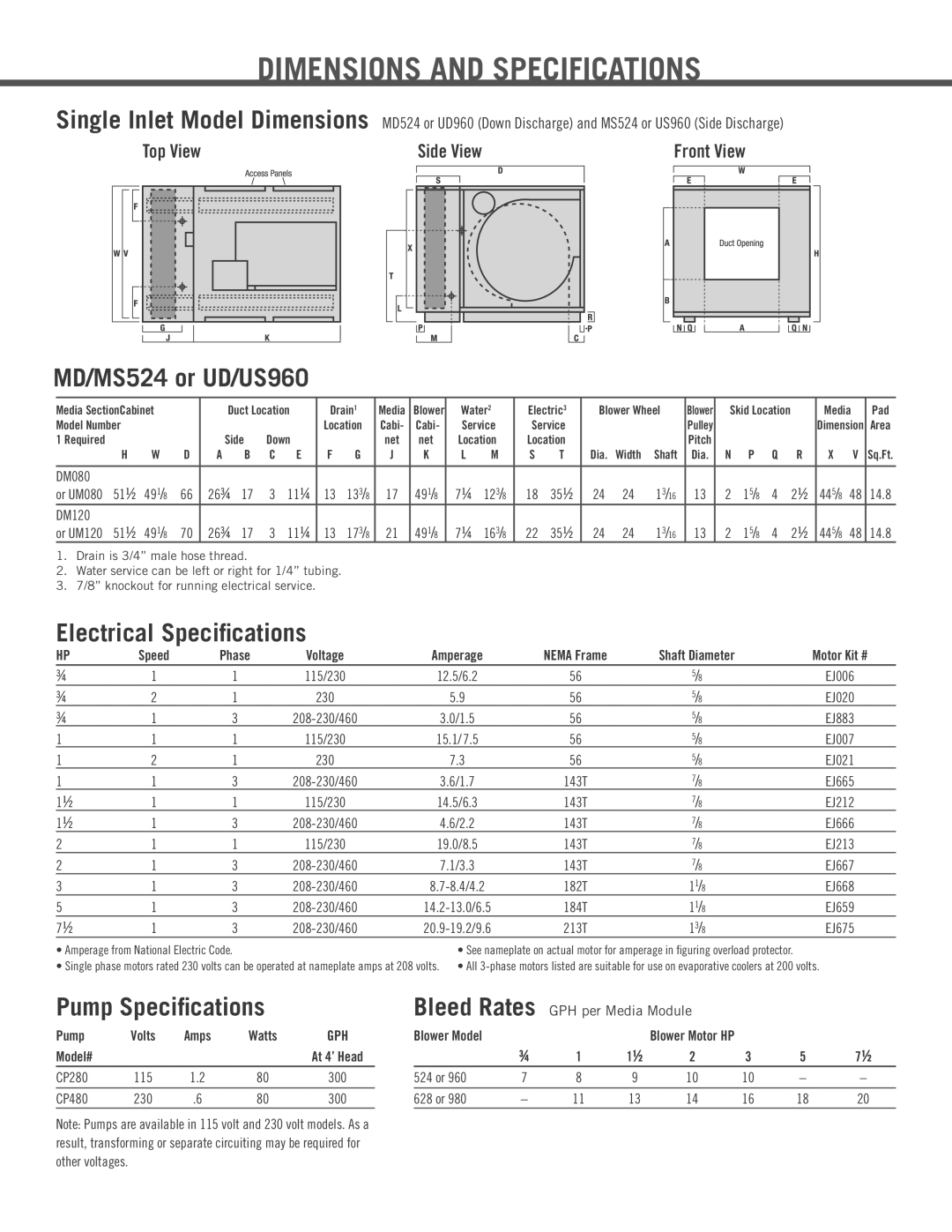 AdobeAir US980, UD980 Dimensions and Specifications, MD/MS524 or UD/US960, Electrical Speciﬁcations, Pump Speciﬁcations 