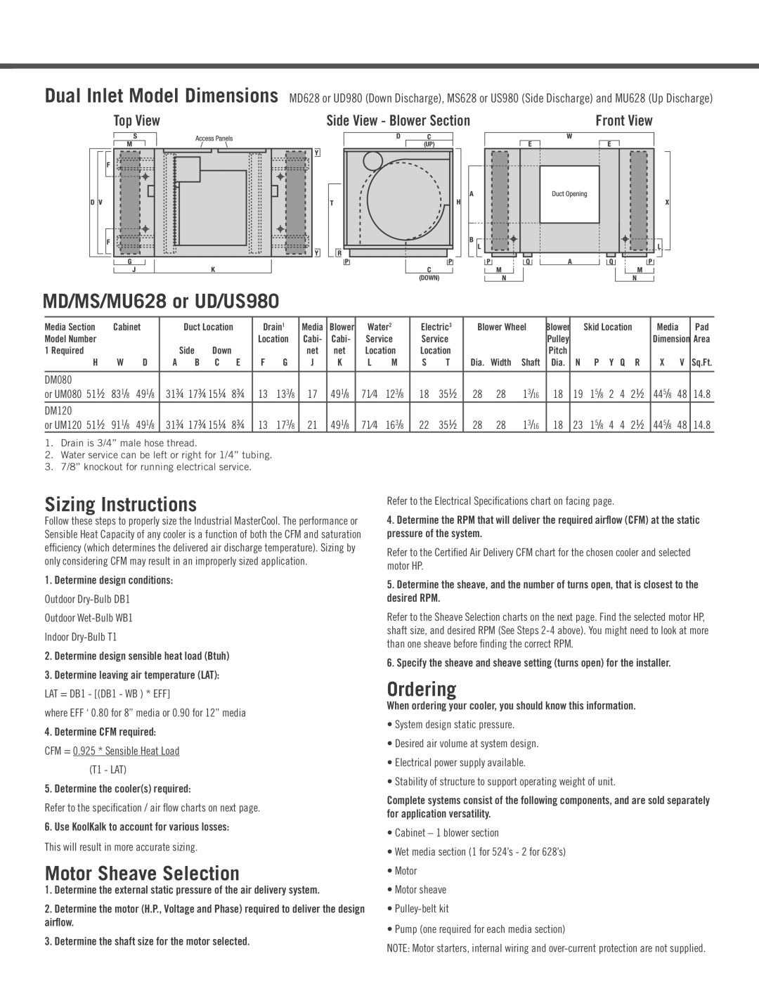 AdobeAir MS628, UD980, UD960, MD524, US960 MD/MS/MU628 or UD/US980, Sizing Instructions, Motor Sheave Selection, Ordering 