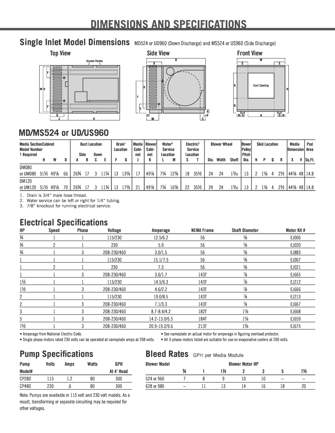 AdobeAir Dimensions And Specifications, MD/MS524 or UD/US960, Electrical Speciﬁcations, Pump Speciﬁcations, Top View 