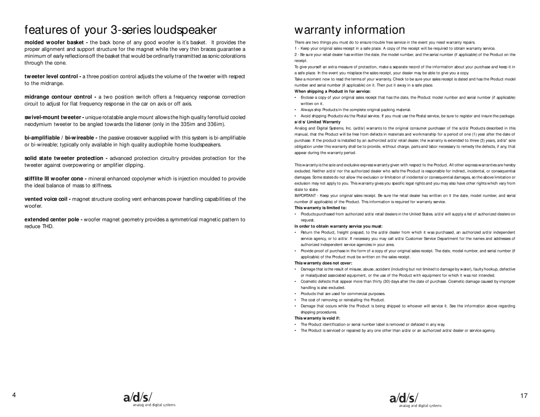 a/d/s/ 336im, 335im, 334im manual Features of your 3-series loudspeaker, Warranty information 