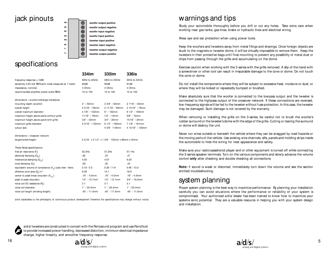 a/d/s/ 336im manual Jack pinouts Specifications, System planning, 334im 335im 336is 