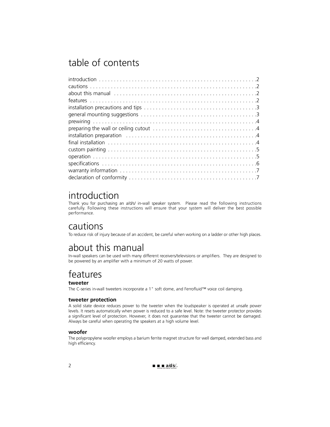 a/d/s/ C900iw, C500iw, C800iw, C600iw owner manual Table of contents, Introduction, About this manual, Features 