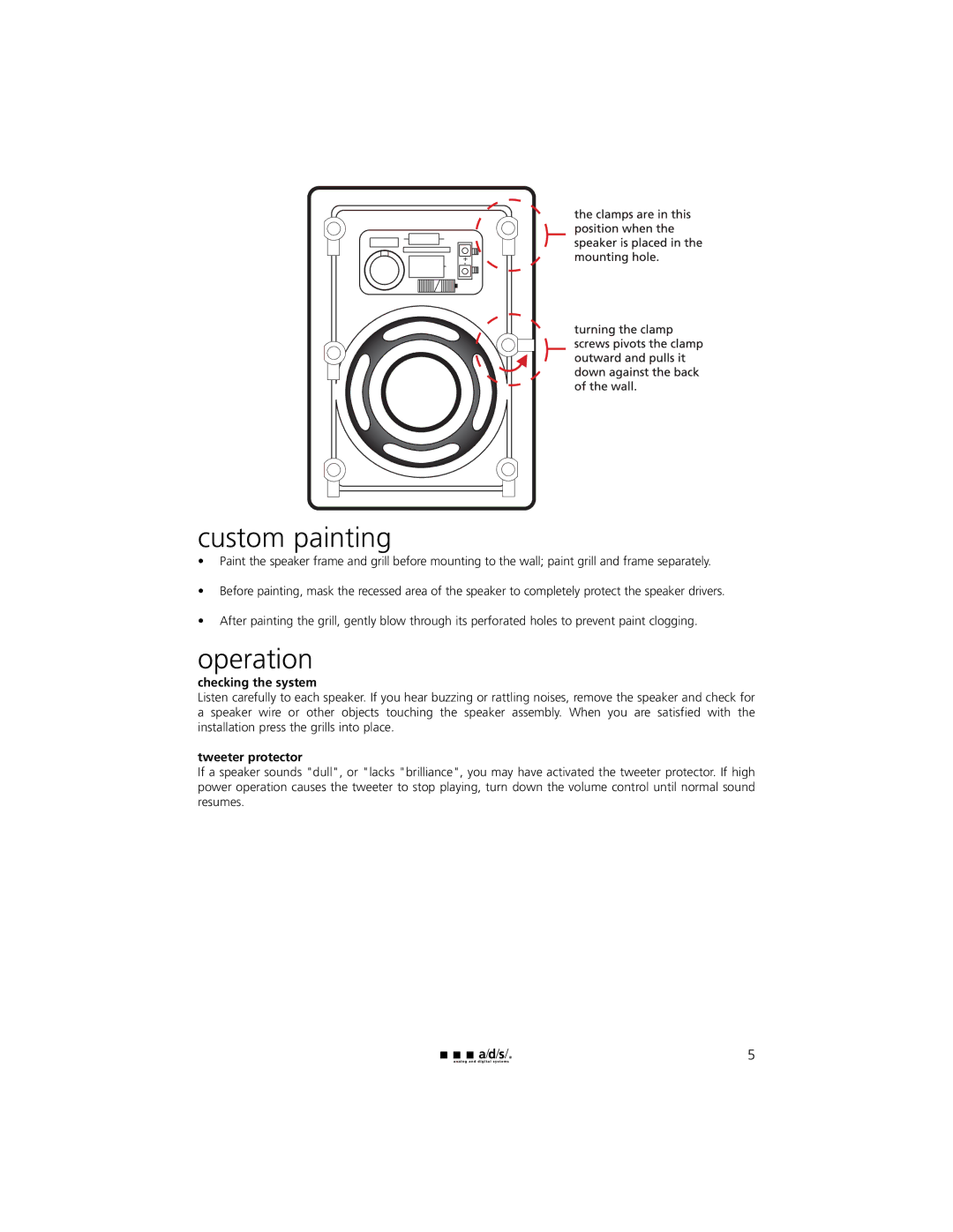 a/d/s/ C800iw, C500iw, C900iw, C600iw owner manual Custom painting, Operation, Checking the system, Tweeter protector 