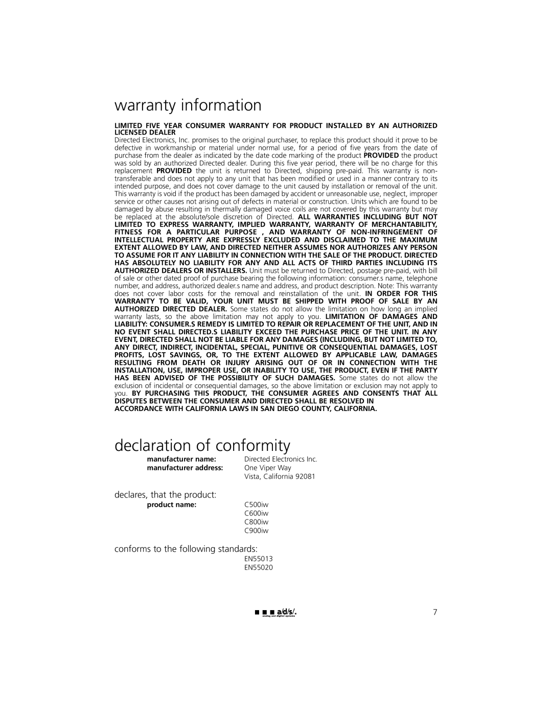 a/d/s/ C600iw warranty information, declaration of conformity, declares, that the product, manufacturer name, product name 