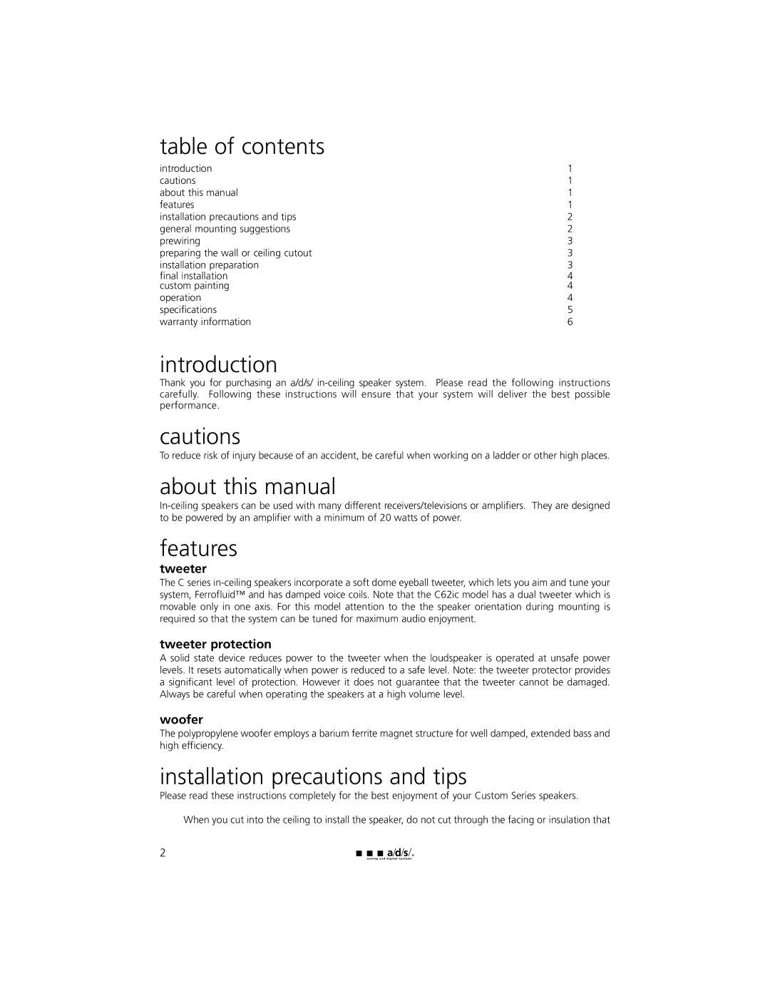 a/d/s/ C80ic, C50ic, C62ic Table of contents, Introduction, About this manual, Features, Installation precautions and tips 