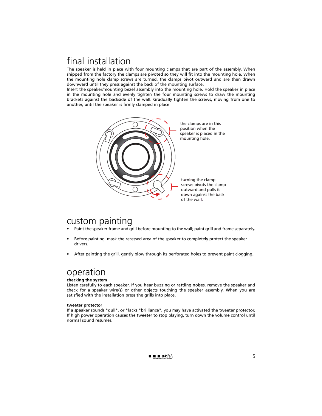 a/d/s/ C62ic, C50ic, C80ic, C60ic owner manual Final installation, Custom painting, Operation 