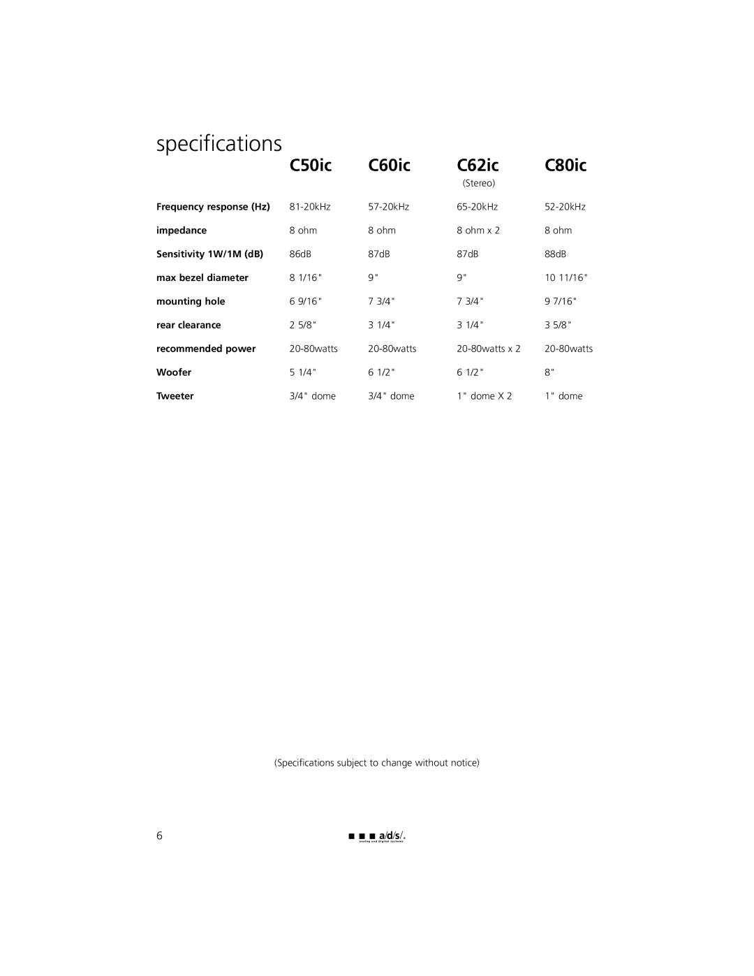 a/d/s/ owner manual Specifications, C50ic C60ic C62ic C80ic 