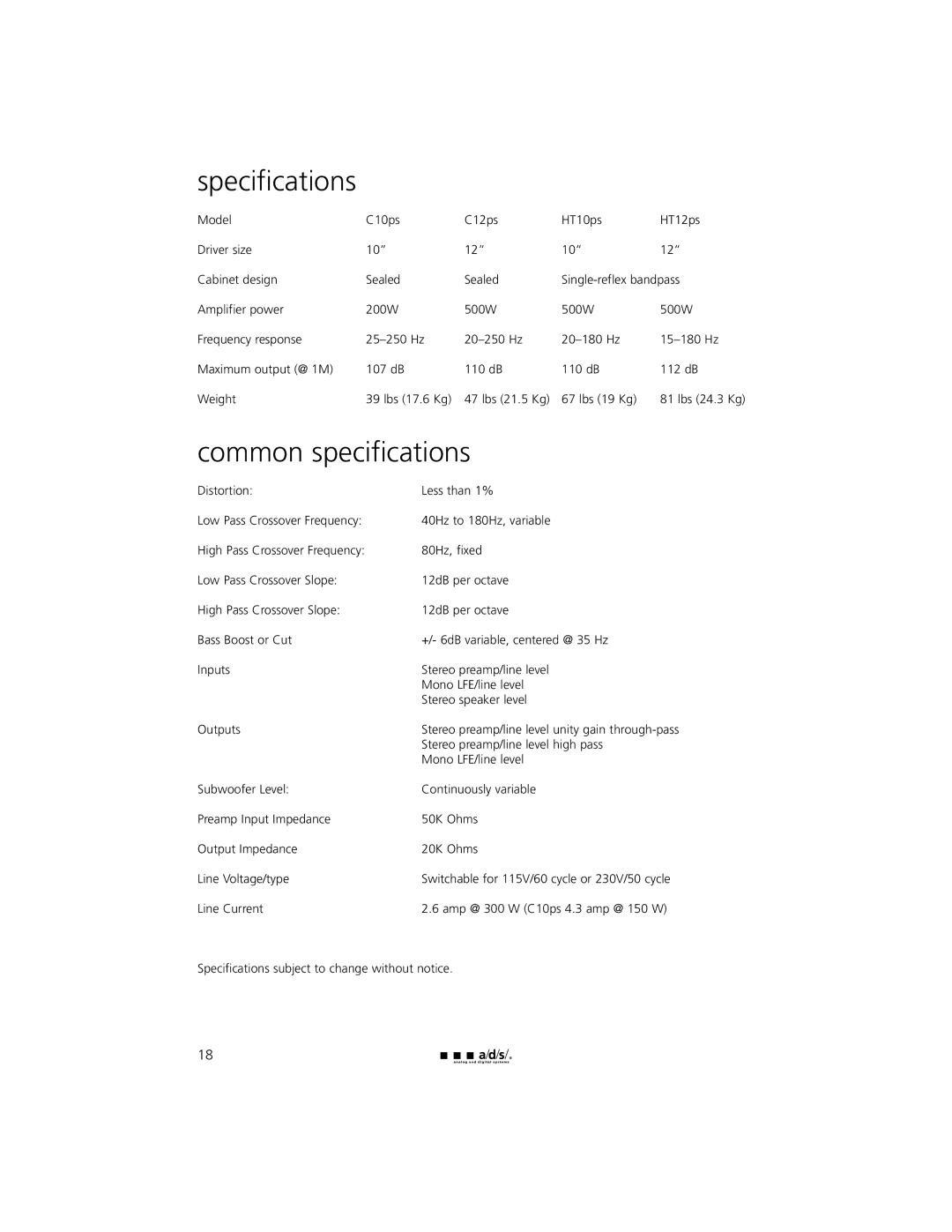 a/d/s/ C12ps, HT10ps, HT12ps, C10ps owner manual Specifications, Common specifications 