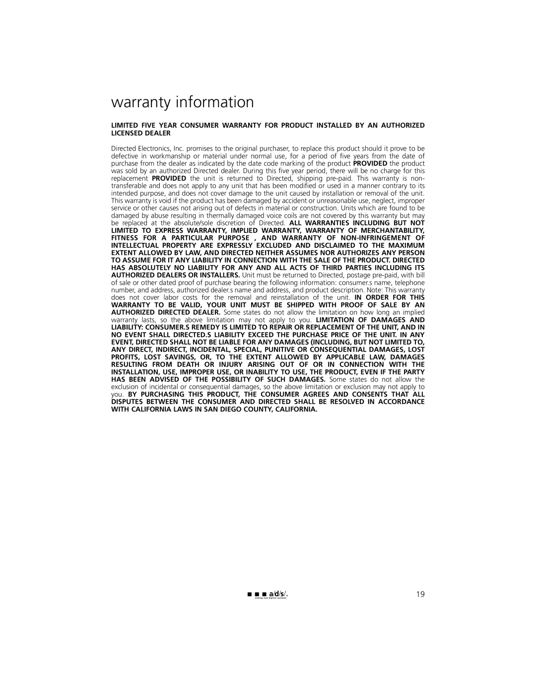 a/d/s/ C10ps, HT10ps, HT12ps, C12ps owner manual warranty information 