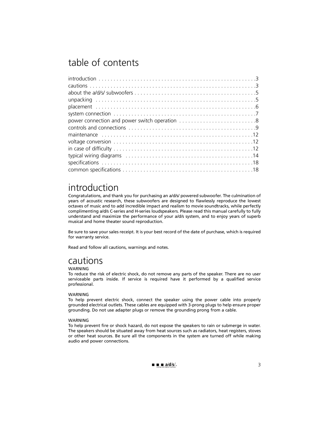 a/d/s/ C10ps, HT10ps, HT12ps, C12ps owner manual table of contents, introduction, cautions 