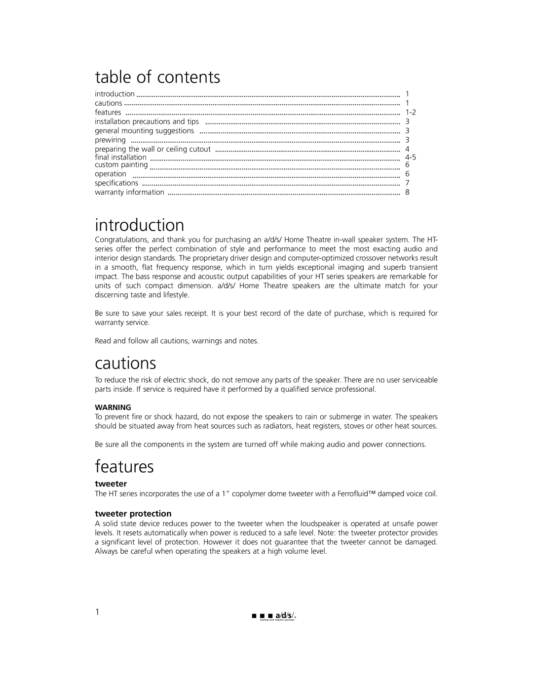 a/d/s/ HT800IW, HT300iw, HT400iw owner manual Table of contents, Introduction, Features 